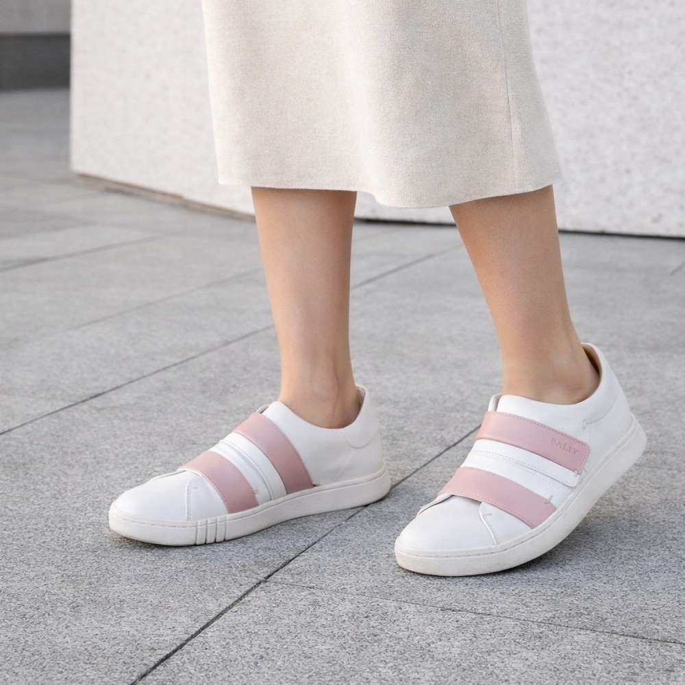 Bally White Leather Sneakers with Pink Straps
